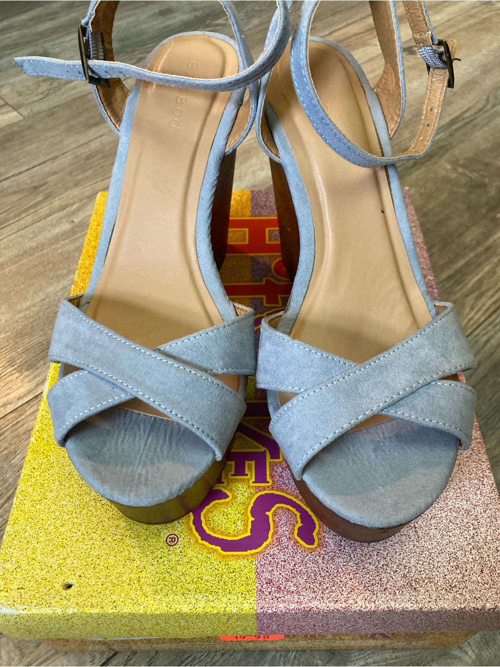 BAMBOO Light Blue Suede Crisscross Platform Sandals